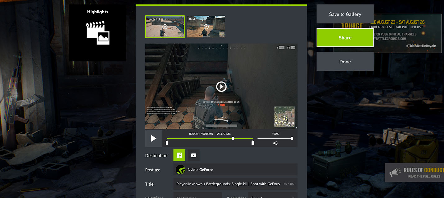 ShadowPlay будет автоматически записывать ваши успехи в PlayerUnknown's Battlegrounds