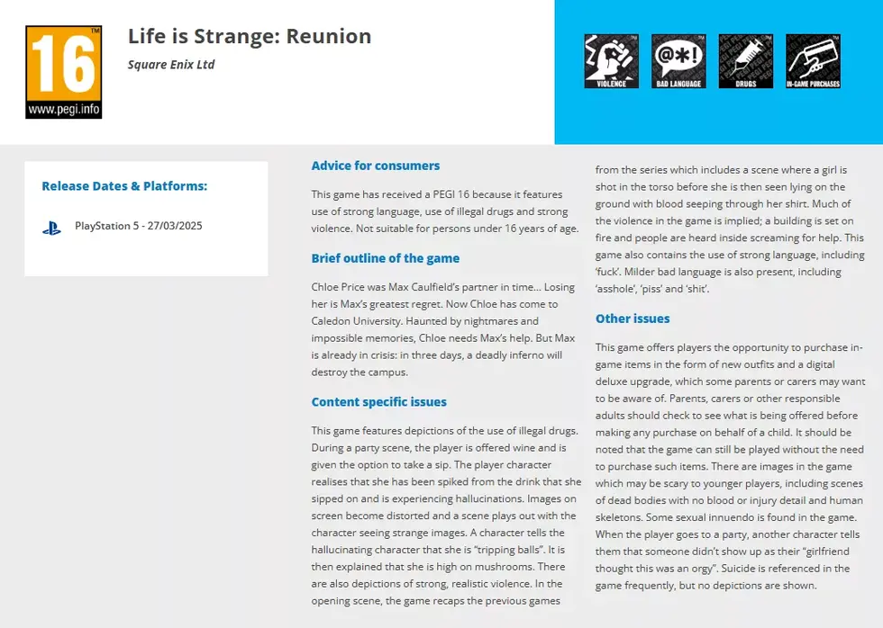Неанонсированная часть Life is Strange получила возрастной рейтинг в Европе