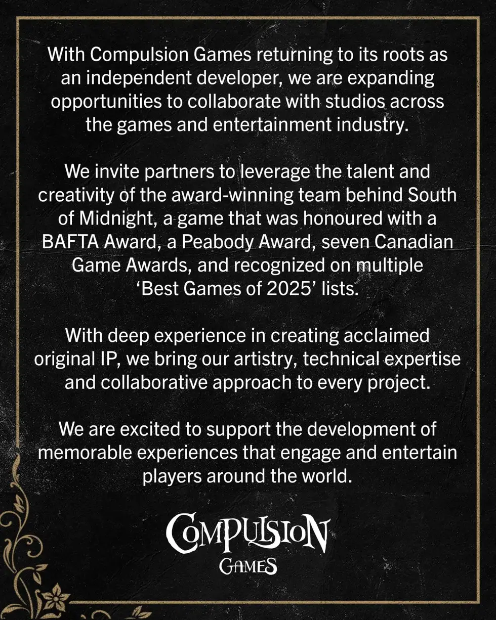 Официальное заявление Compulsion Games о возвращении независимым разработчиком и сотрудничестве с индустрией, упоминая игру South of Midnight