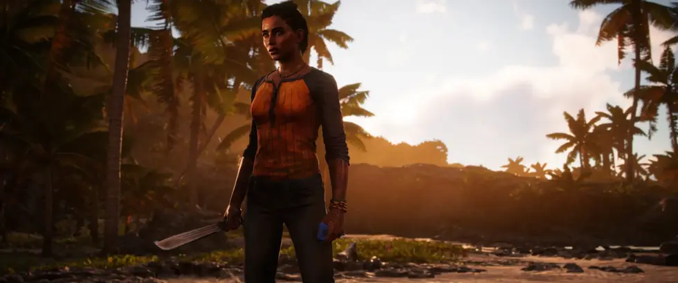 Лара Крофт из Tomb Raider стоит с мачете в джунглях среди пальм на закате