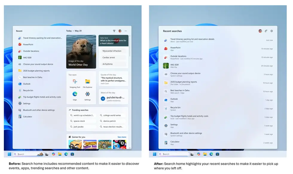 Обновленный интерфейс поиска Windows со сравнением старой версии с рекомендациями контента и новой с историей поисков