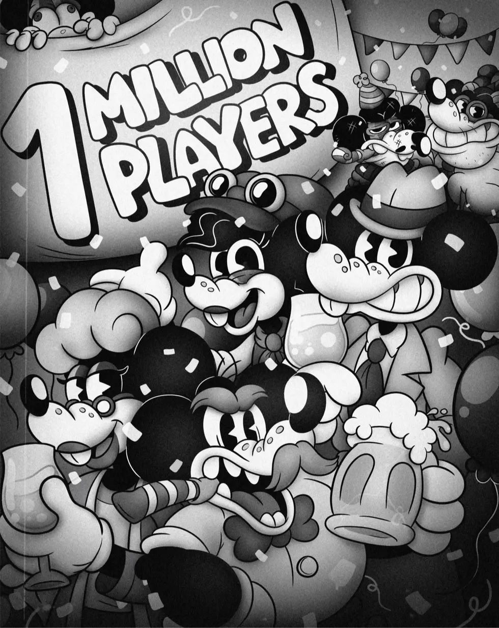 Персонажи Cuphead празднуют, танцуя среди конфети на чёрно-белом плакате игры
