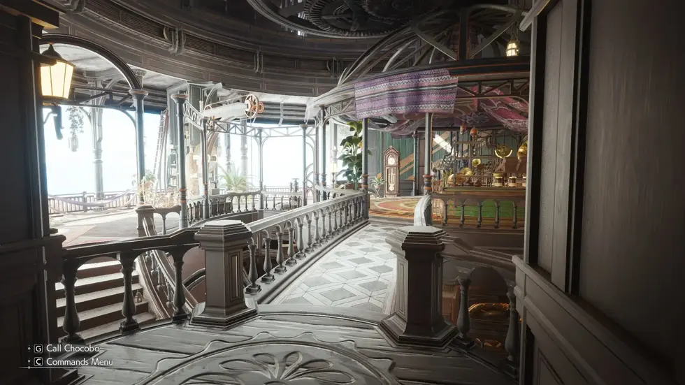 Steampunk интерьер с металлическими конструкциями, витражами и декоративными элементами, вид из игры
