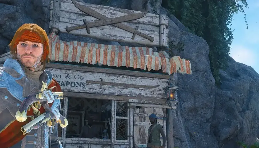 Персонаж с рыжими волосами у оружейного магазина в Red Dead Redemption 2