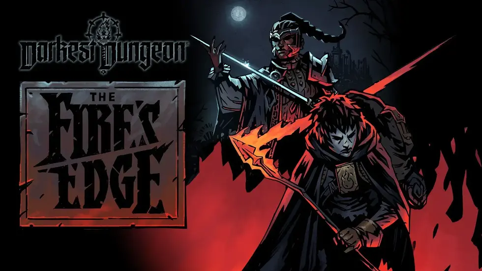 Постер Darkest Dungeon: The Color of Madness с вооружёнными героями в красном огне под луной