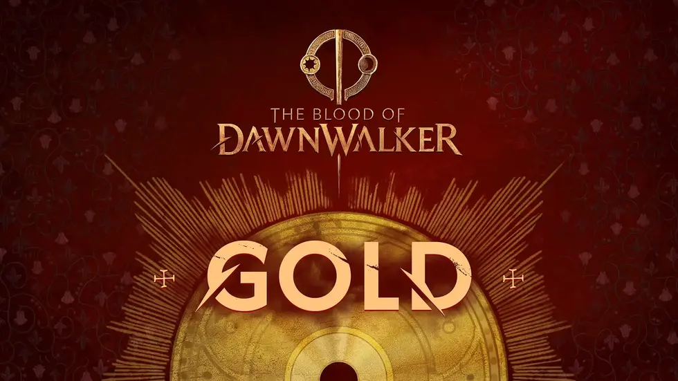 Логотип дополнения The Blood of Dawnwalker для игры The Elder Scrolls Online с золотым символом на красном фоне