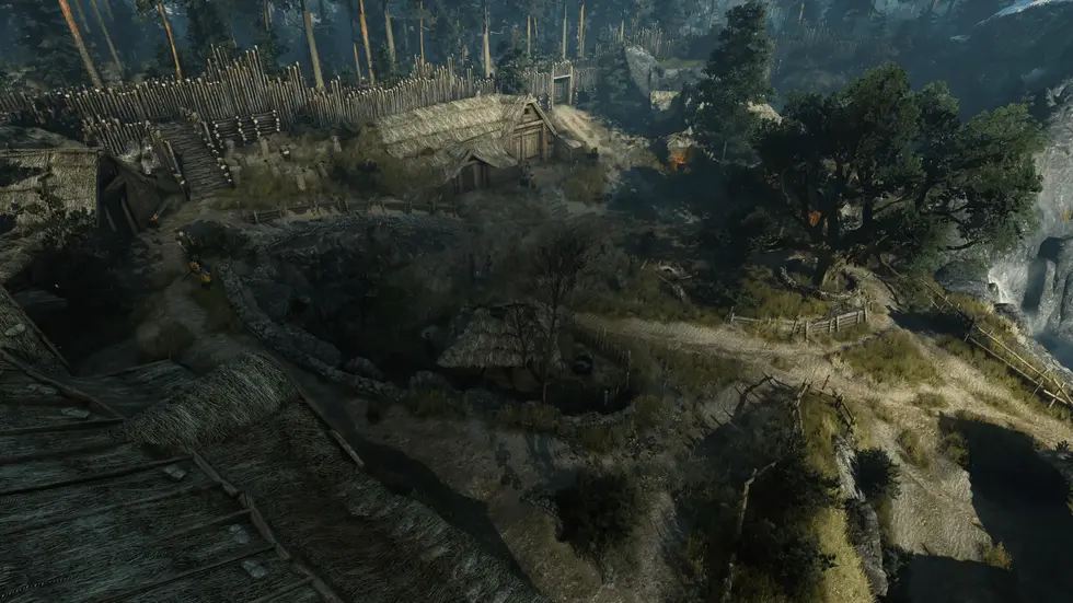 Деревня с деревянными укреплениями на скальном берегу из The Witcher 3