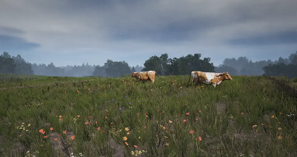 Две коровы пасутся в цветущем поле с лесом вдали, Red Dead Redemption 2