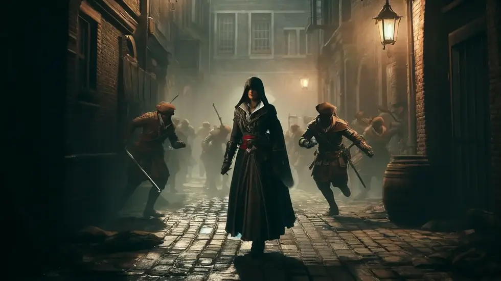 Assassin's Creed: женщина-ассин в чёрном плаще стоит в туманной средневековой улице среди вооруженных врагов