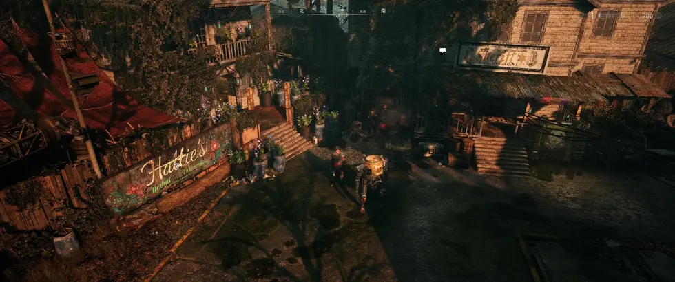 Скриншот из игры Baldur's Gate 3: персонаж стоит на улице заброшенного города с деревяными зданиями и вывеской Hattie's