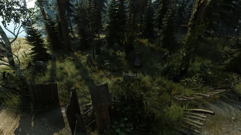 Заброшенный лагерь в лесу Red Dead Redemption 2 с деревянными постройками, травой и хвойными деревьями