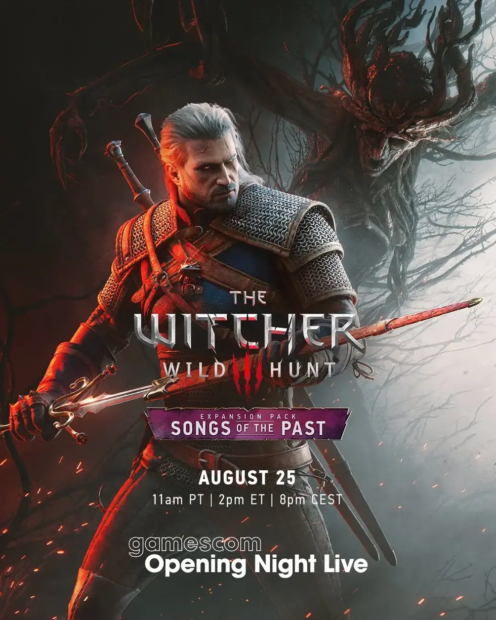 Геральт из Риви в боевой стке с мечами на фоне монстра из The Witcher 3: Wild Hunt