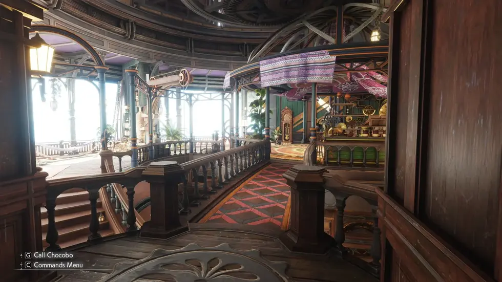 Интерьер воздушного судна из Final Fantasy VII Remake с деревянной отделкой и роскошной обстановкой
