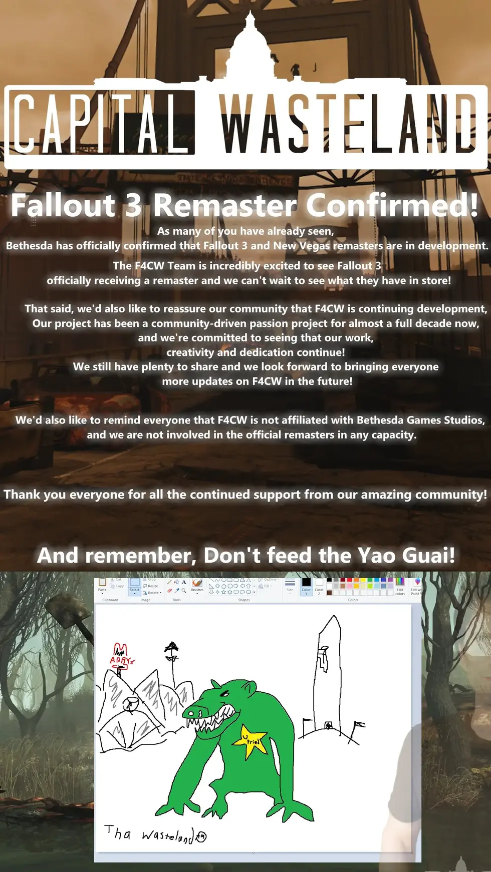Объявление о ремастере Fallout 3 с логотипом Capital Wasteland и рисунком зелёного монстра Yao Guai из игры Fallout
