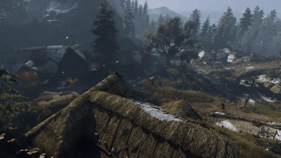 Туманный горный лес со скандинавскими хижинами из The Elder Scrolls V: Skyrim