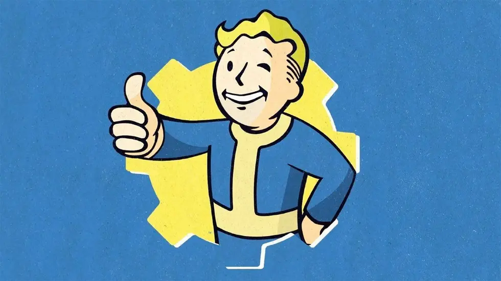 Волт из серии игр Fallout улыбается и показывает большой палец вверх на синем фоне