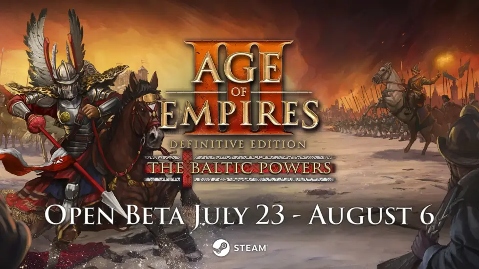 Воин на коне в броне и войска из Age of Empires II: Definitive Edition, расширение The Baltic Powers, заставка игры