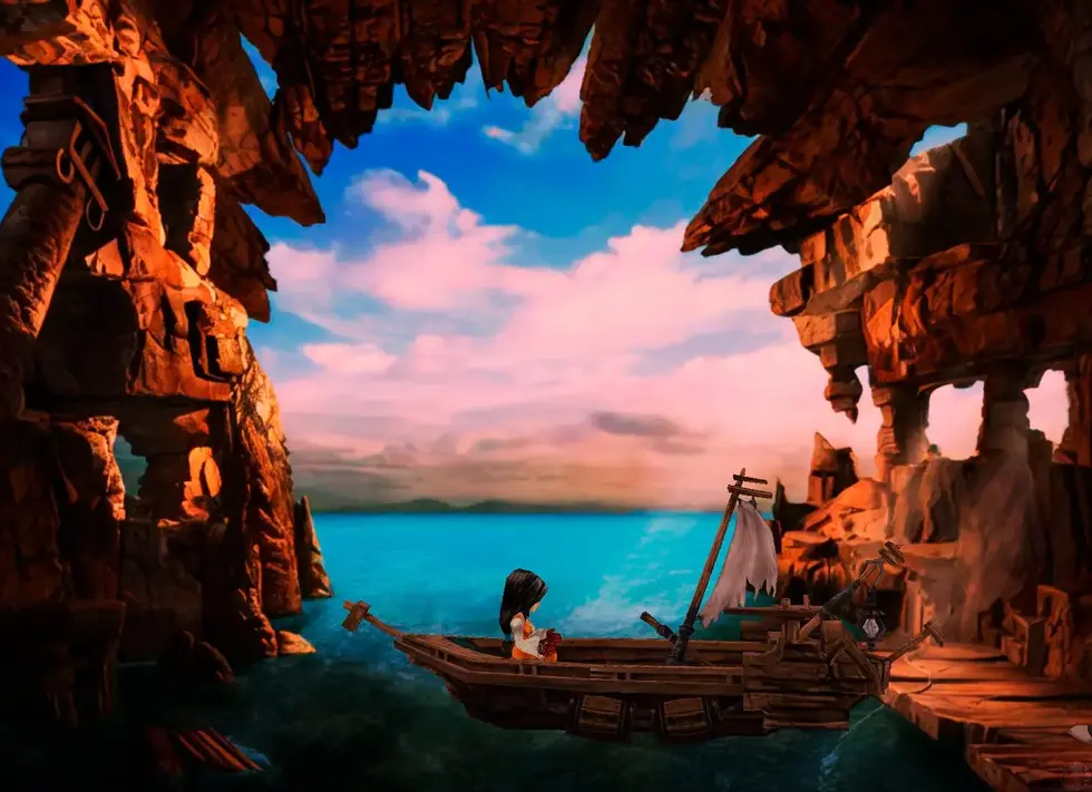 Девушка в лодке у скалистого побережья смотрит на закат над морем в стиле Moana