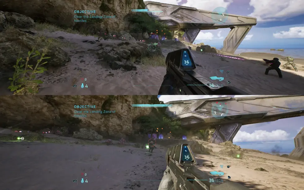 Скриншоты из Halo: Combat Evolved с видом от первого лица, показывающие боевую миссию на пляже с целью очистить зону высадки от врагов