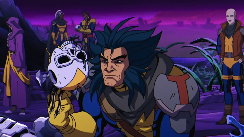 Персонажи из мультсериала X-Men: Evolution стоят в фиолетовом свете, в центре композиции маг в чёрных волосах с белой маской