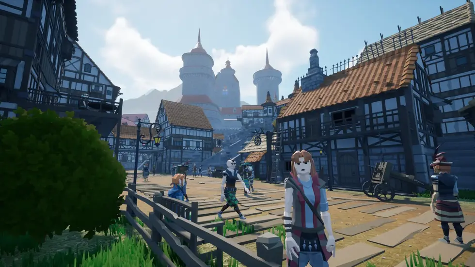 Средневековый город из игры Palworld с фахверковыми домами, замком в фоне и персонажами на площади