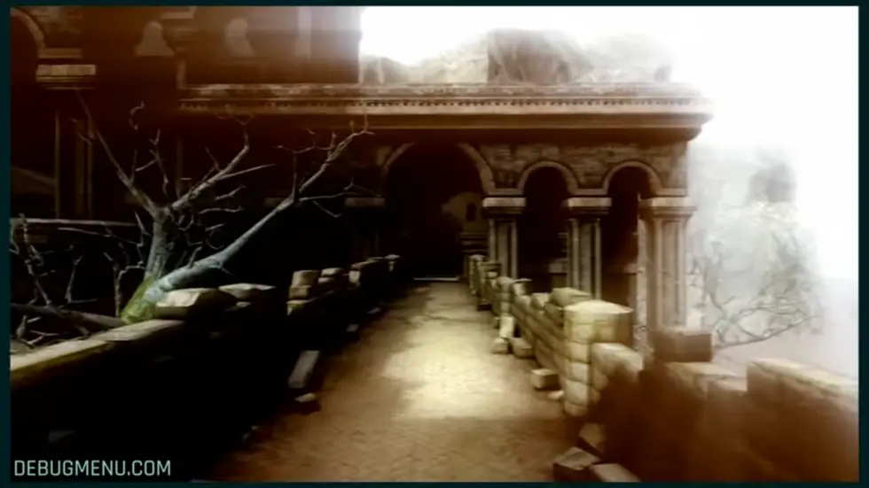 Мрачный каменный замок в тумане с засохшими деревьями — локация из Resident Evil 4