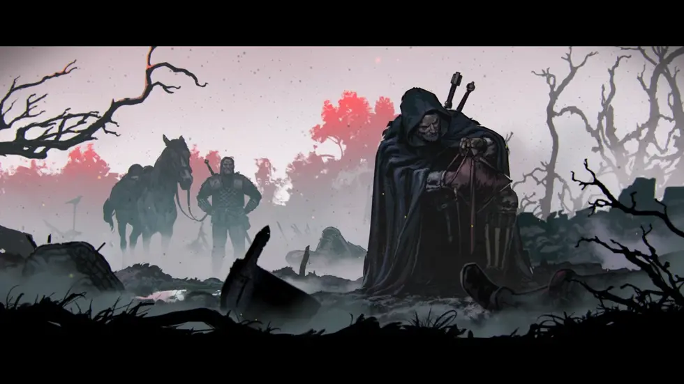 Мрачная сцена из игры Darkest Dungeon с фигурой в плаще среди развалин и голых деревьев под красным небом