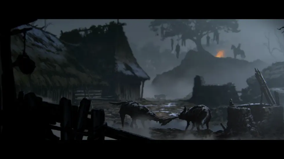 Мрачный пейзаж с волками и горящим замком в тумане, сцена из игры The Witcher 3
