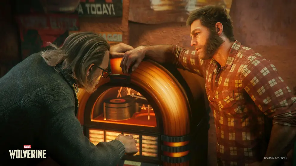 Два персонажа из игры Marvel's Wolverine склонились над светящимся джукбоксом в баре