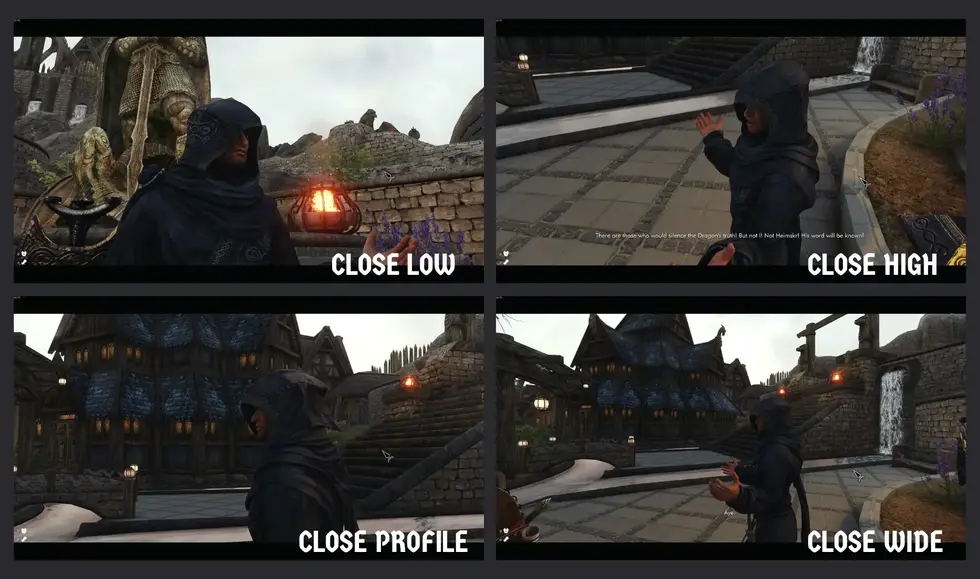 Четыре скриншота Skyrim с разными ракурсами камеры диалога — Close Low, Close High, Close Profile и Close Wide