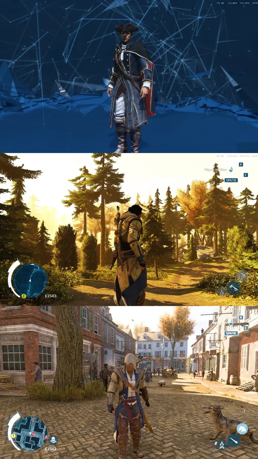 Три скриншота из Assassin's Creed III с главным героем Коннором в Анимусе, лесу и колониальном городе