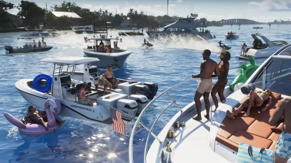 Вечеринка на воде во флоридском заливе из GTA VI — лодки, надувные игрушки и загорающие на яхте
