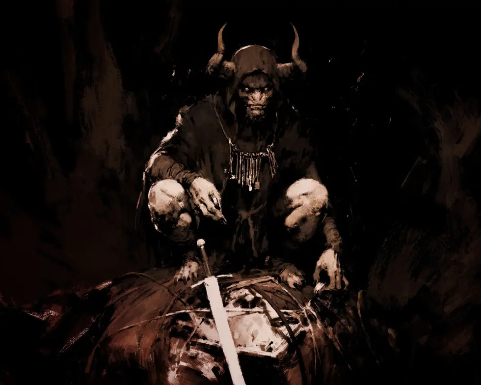 Минотавр из Darkest Dungeon держит два черепа над поверженным рыцарем в тёмном подземелье