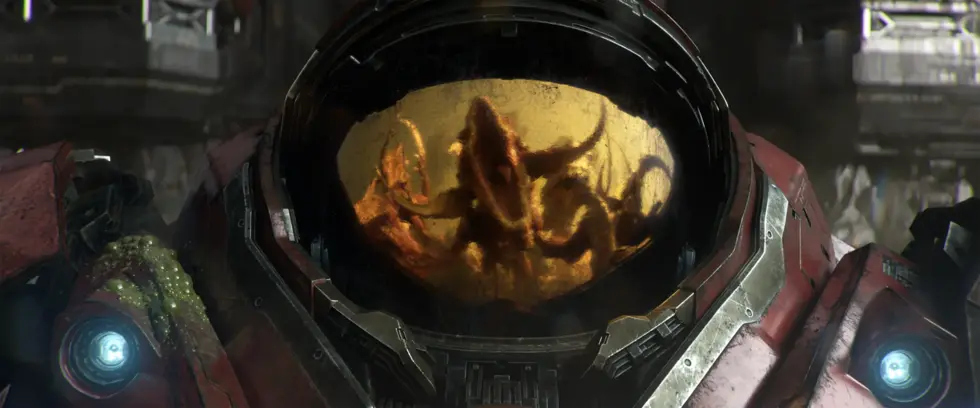 Отражение Думгая в шлеме космонавта из игры Doom