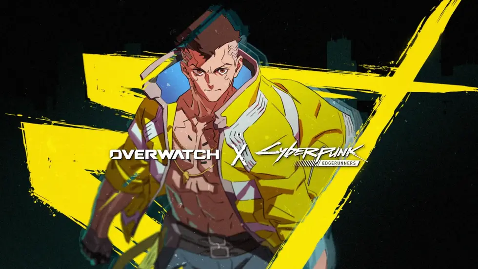 Коллаборация Overwatch и Cyberpunk Edgerunners: персонаж в жёлтой куртке на фоне киберпанк-графики