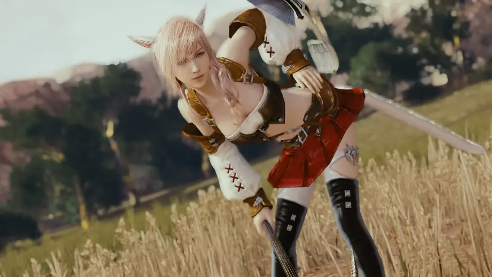 Y'shtola из Final Fantasy XIV с посохом на фоне солнечного пейзажа