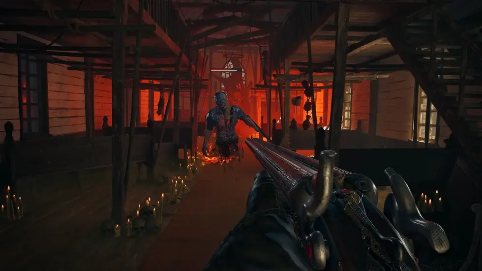 Игрок целится в горящего зомби в деревянном здании из Call of Duty: Black Ops Zombies