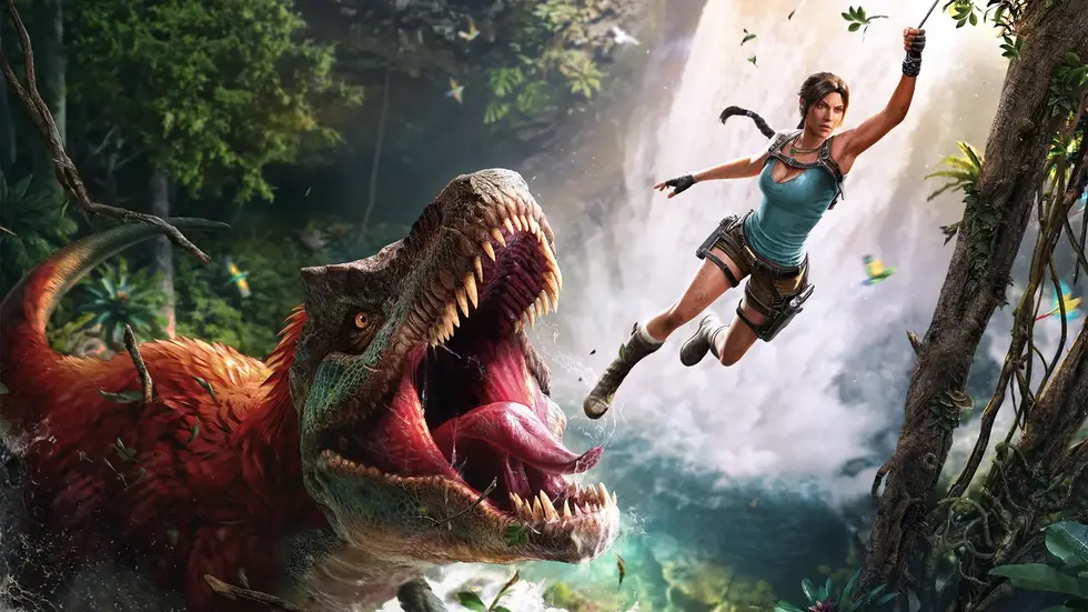 Лара Крофт из серии Tomb Raider улетает на канате от нападающего тираннозавра у водопада