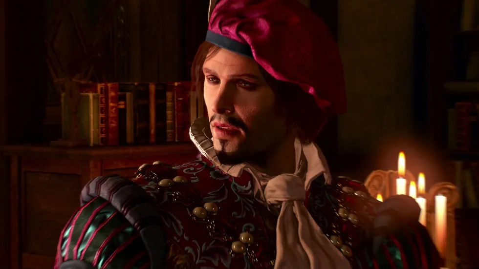 Бард Лютик в розовом берете из игры Ведьмак 3: Дикая Охота