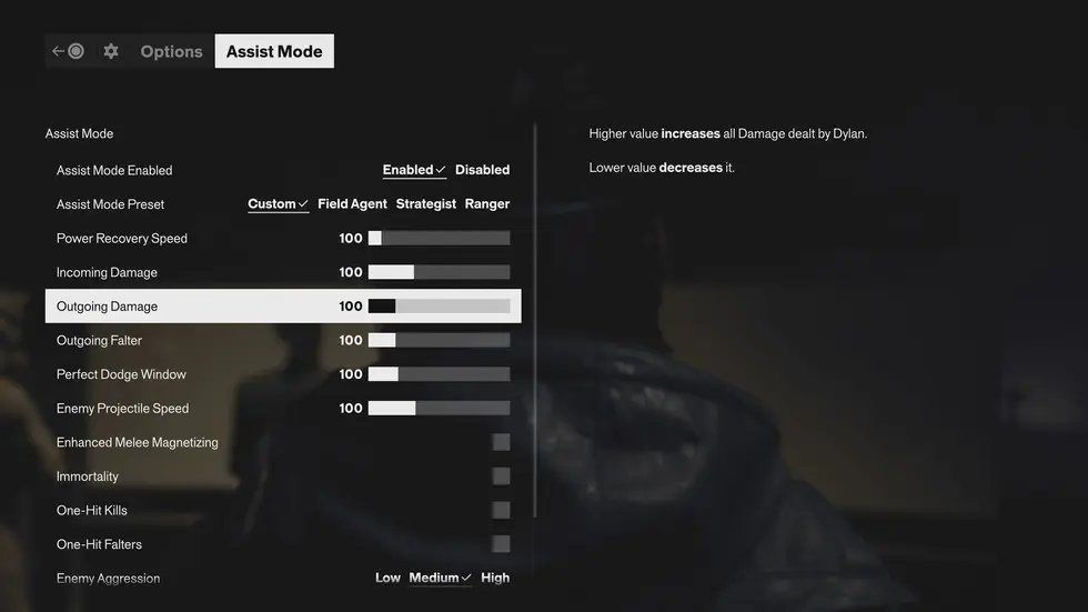 Экран настроек режима помощи Assist Mode в видеоигре Control