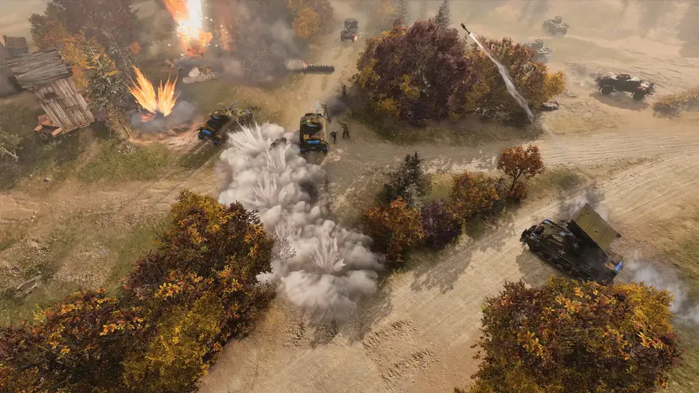 Танковое сражение со взрывами и запуском ракет в игре Company of Heroes 3