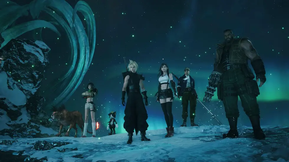 Клауд и его спутники из Final Fantasy VII Rebirth на заснеженном поле под северным сиянием