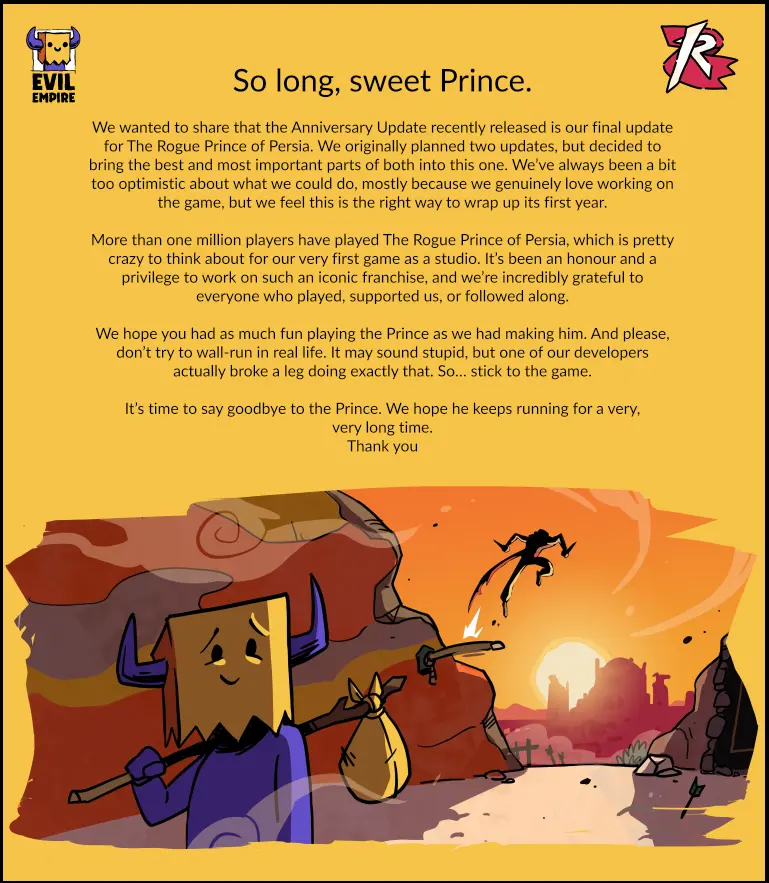 Прощальное объявление Evil Empire о завершении поддержки игры The Rogue Prince of Persia