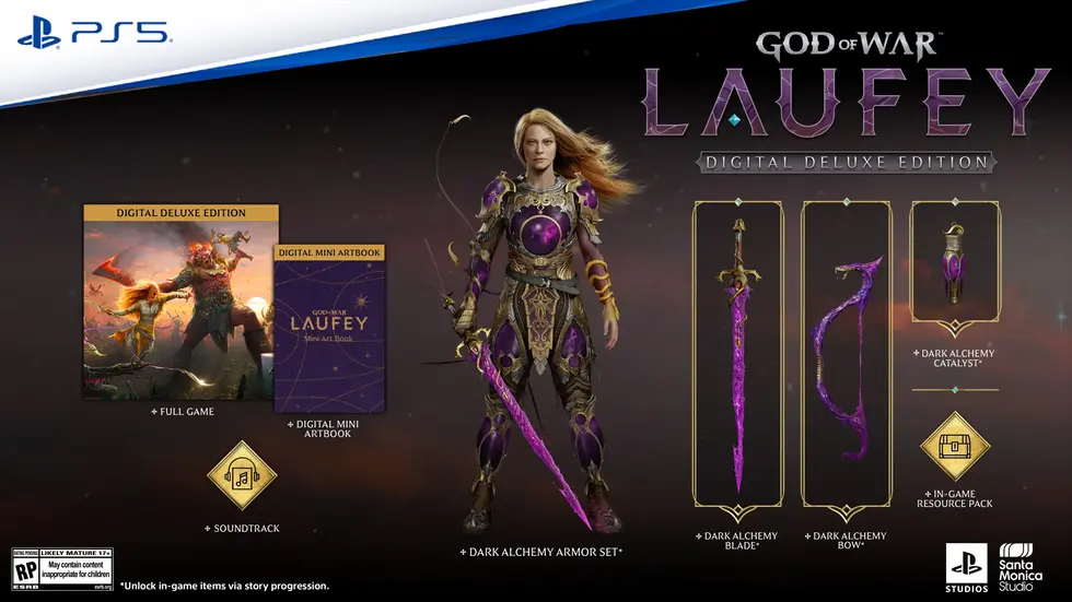 Концепт издания Digital Deluxe для игры God of War: Laufey с Лаувей в доспехах и бонусными предметами