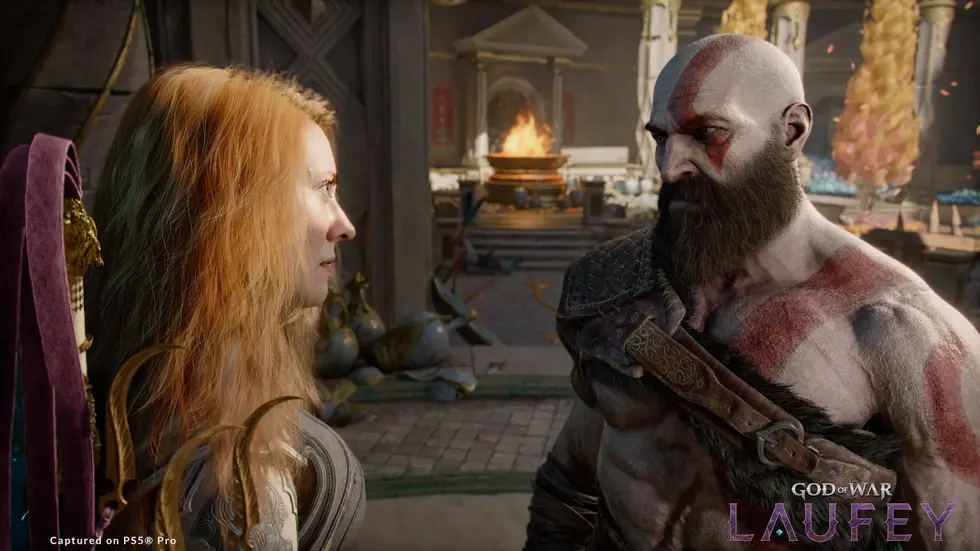 Кратос и Лаувей смотрят друг на друга в концепте God of War Laufey