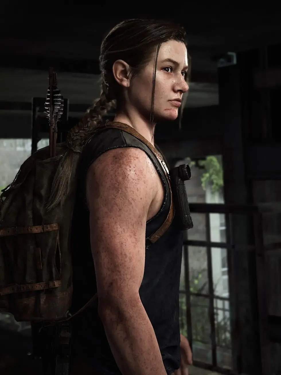 Портрет Эбби с рюкзаком и стрелами за плечами из игры The Last of Us Part II