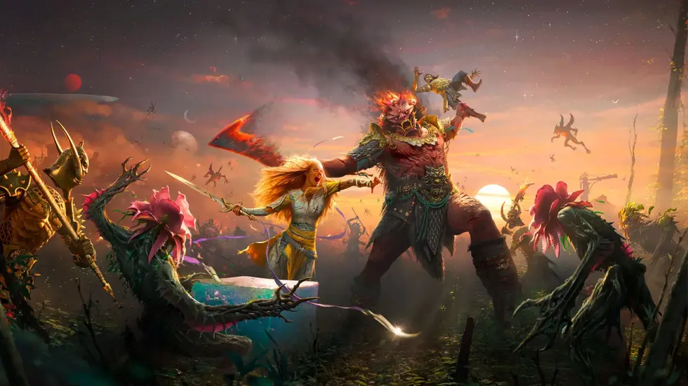 Эпическая битва героев и монстров на официальном арте к игре Age of Wonders 4