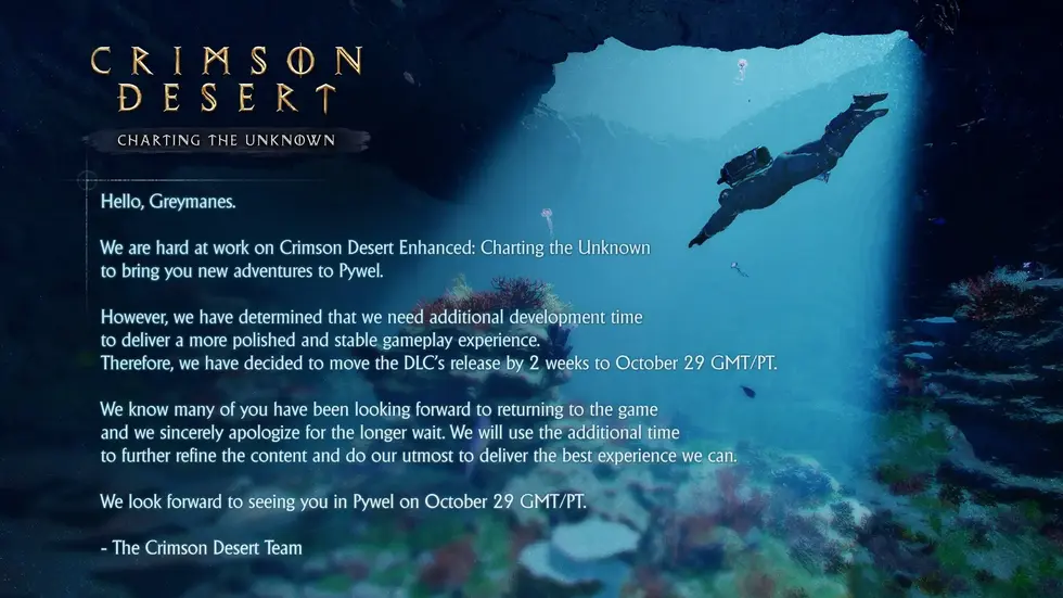 Объявление о переносе релиза дополнения для Crimson Desert на фоне плывущего дайвера