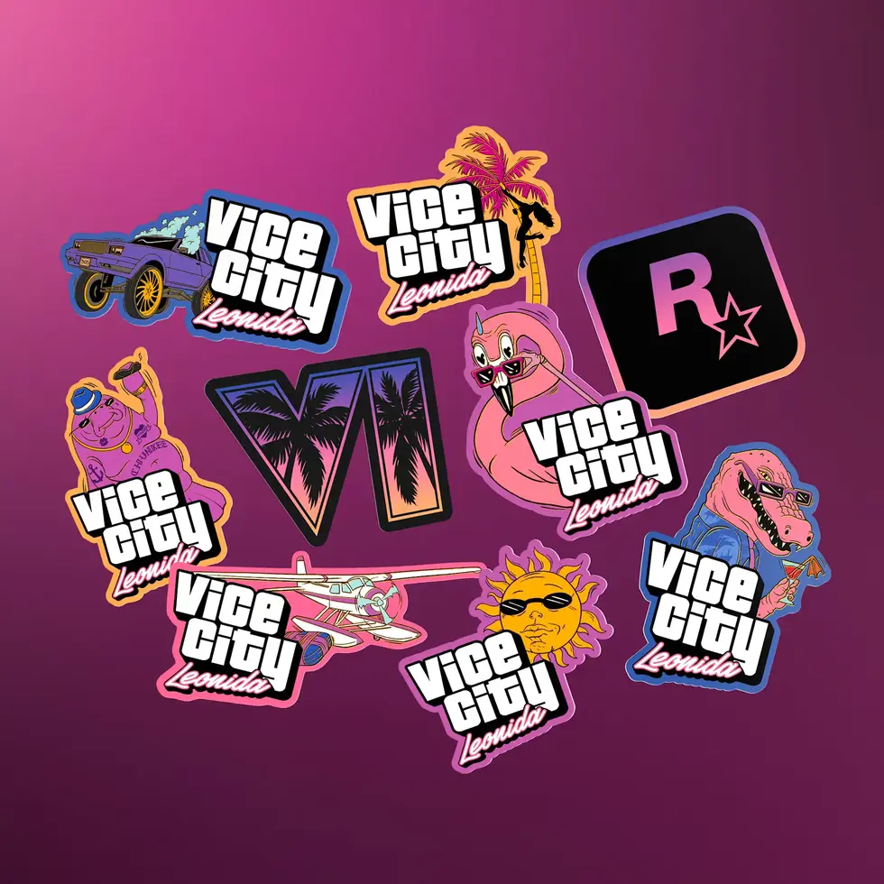 Набор ярких стикеров по игре GTA VI с надписями Vice City Leonida и логотипом Rockstar Games