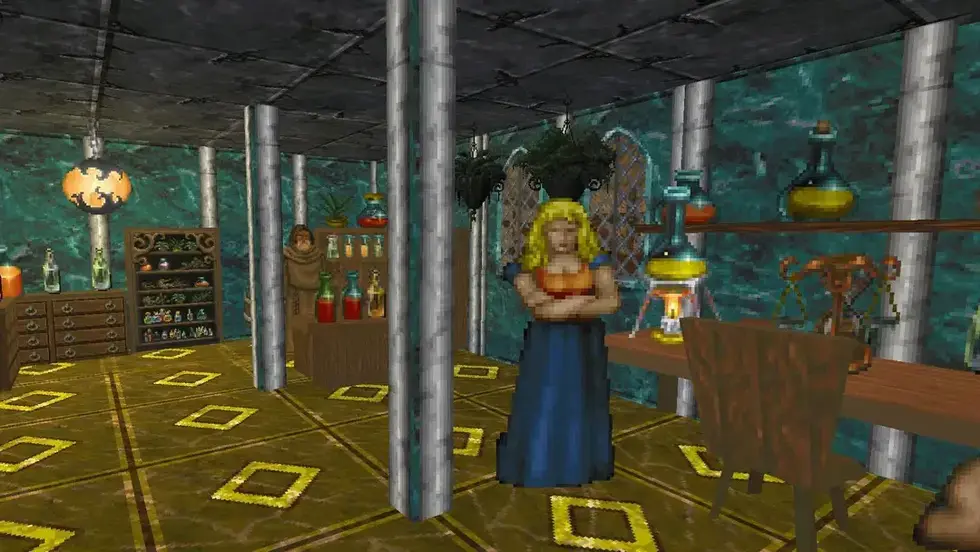 Интерьер лавки алхимика с пиксельными NPC в The Elder Scrolls II: Daggerfall